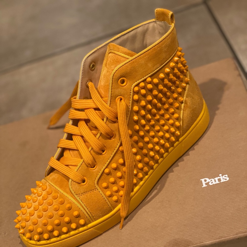 Suede Mustard color Christian Louboutin Spike Sneakers “Louis”.
